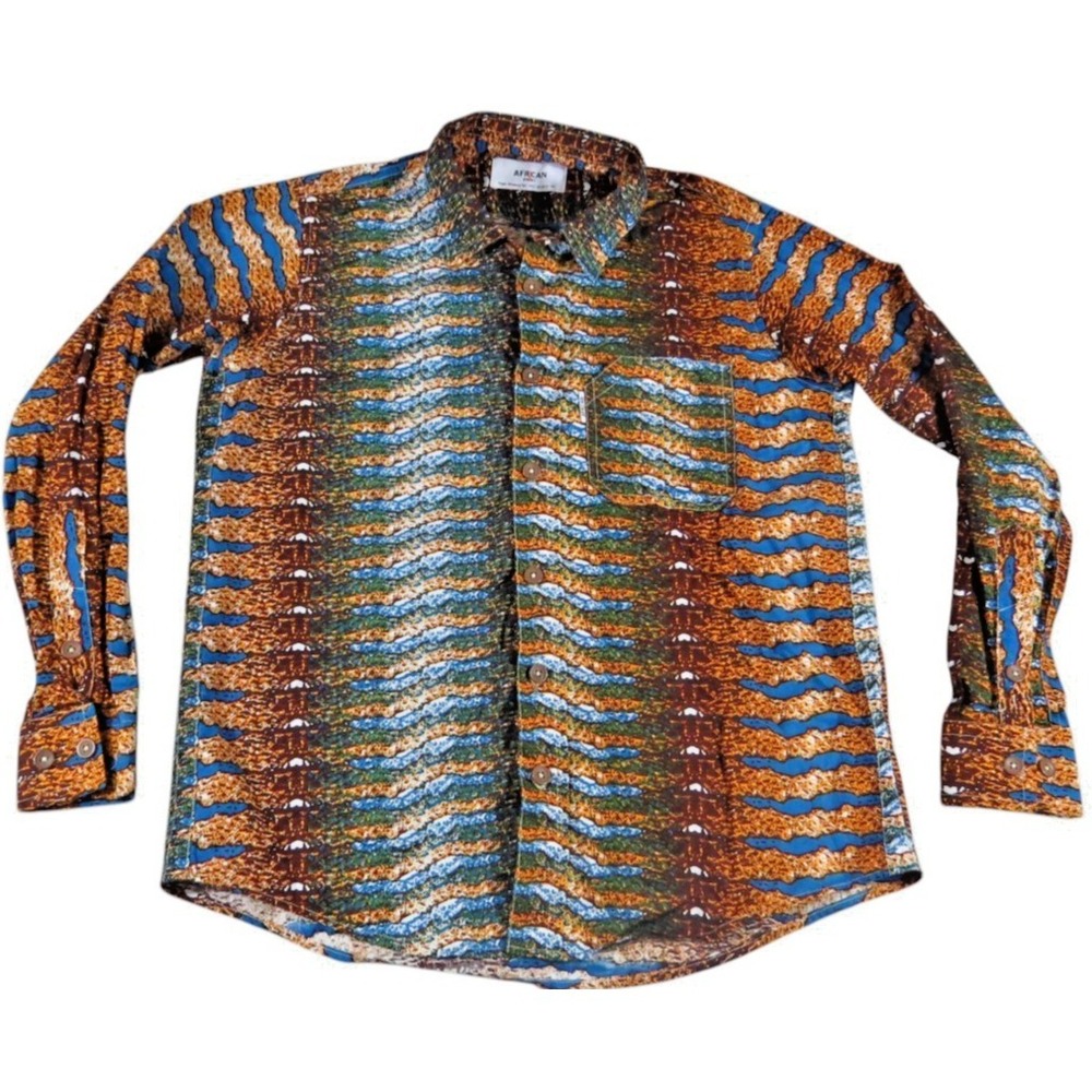 African Print Shirt Men L Multi Color Wax Print Cotton Long Sleeve Button Up Top